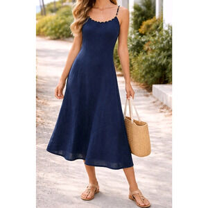 Calypso St Barth navy blue linen beaded maxi dress Size Large Coastal Minimal